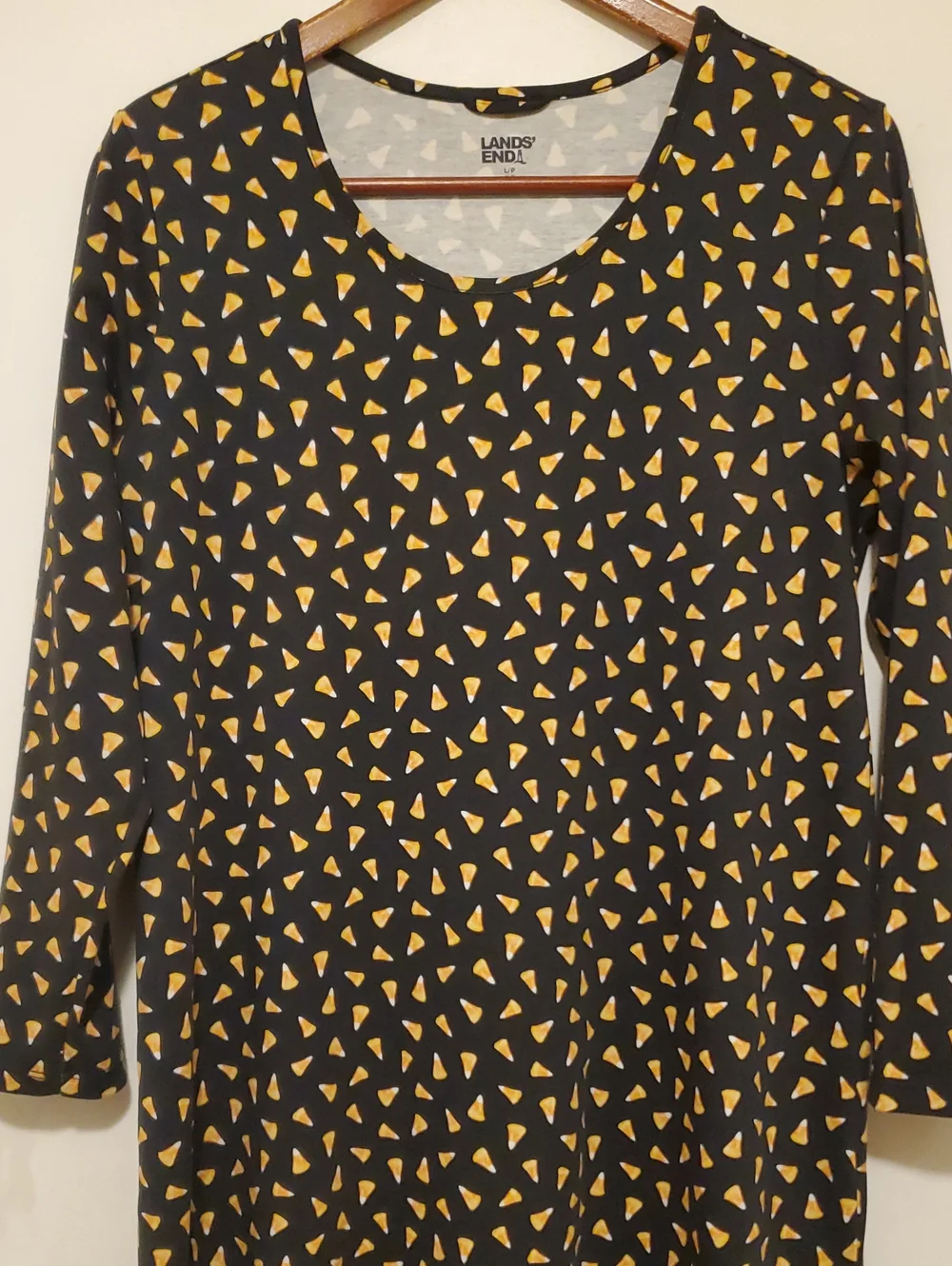 Lands End Candy Corn Print Black Dress Long Sleeve Size Large Petite
